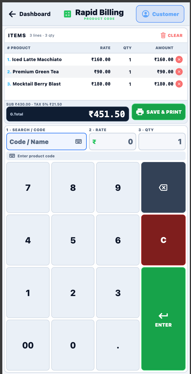 Rapid Billing Screen